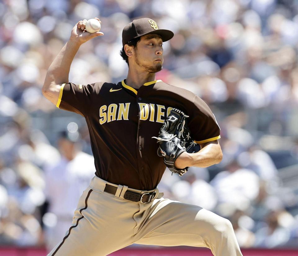 　ヤンキース戦に先発し、２回２／３を投げ７失点で４敗目を喫したパドレスのダルビッシュ＝ニューヨーク（ゲッティ＝共同）