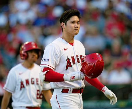 　２１日、ドジャース戦でのエンゼルス・大谷翔平＝アナハイム（共同）