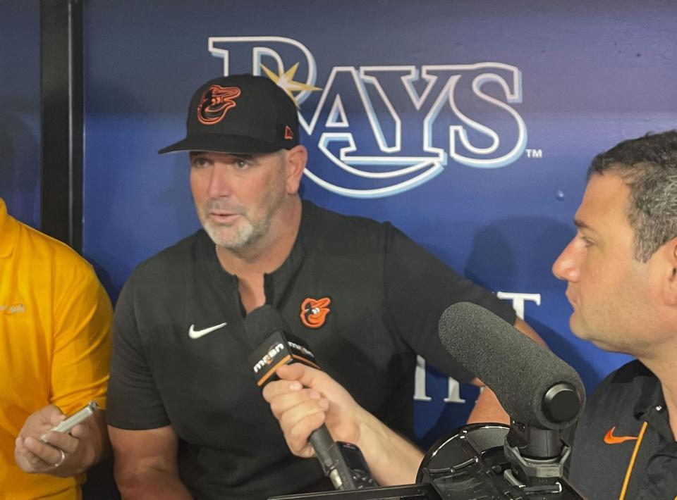 　藤浪について質問を受けるオリオールズのハイド監督＝セントピーターズバーグ（共同）