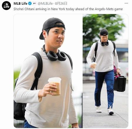 　メッツ戦に向け球場入りするエンゼルス・大谷。ＭＬＢＬｉｆｅの公式ツイッター（＠ＭＬＢＬｉｆｅ）より