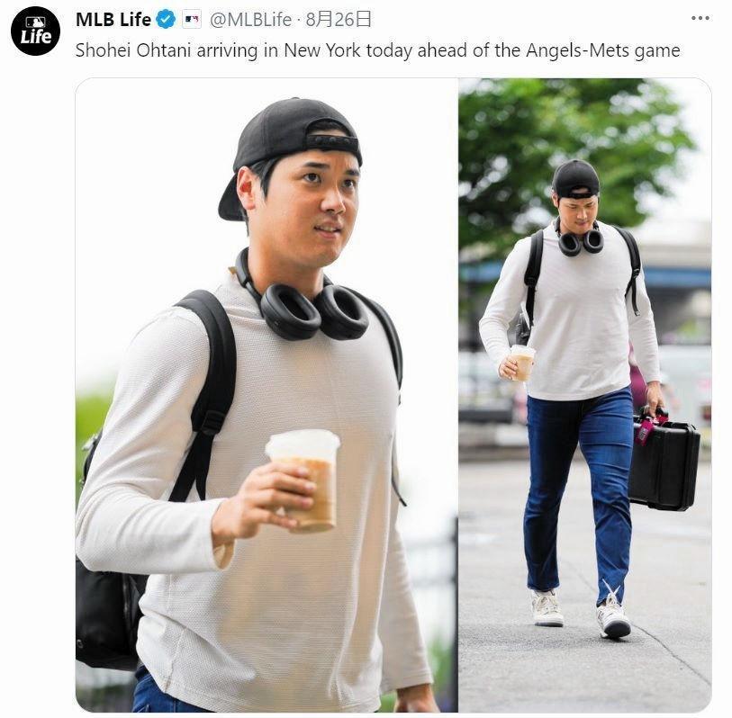 　メッツ戦に向け球場入りするエンゼルス・大谷。ＭＬＢＬｉｆｅの公式ツイッター（＠ＭＬＢＬｉｆｅ）より