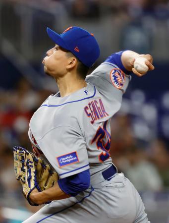 　マーリンズ戦に先発し、６回７安打２失点で１２勝目を挙げたメッツ・千賀＝マイアミ（共同）