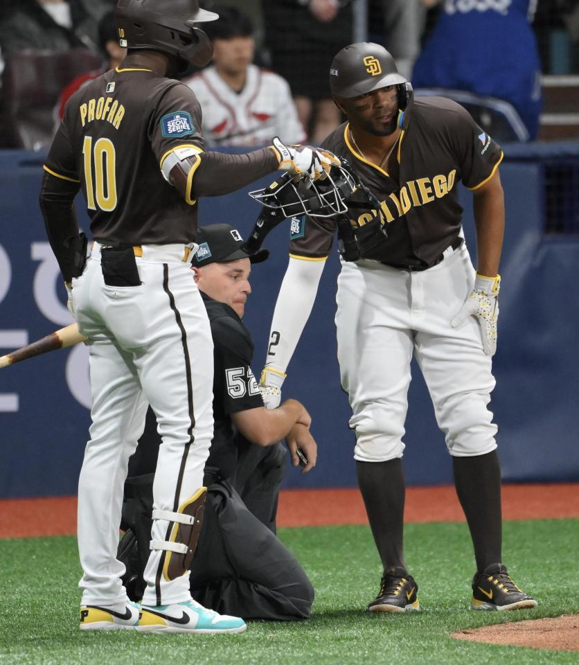 　１回、プロファーへの初球が直撃した球審（撮影・伊藤笙子）