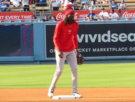 　フィールド上で大谷にあいさつしたことを明かしたデラクルーズ（撮影・小林信行）