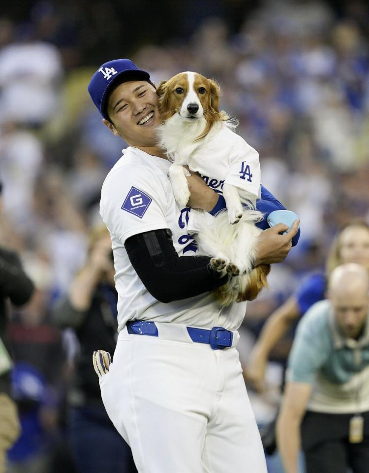 　始球式を行い、ドジャース・大谷に抱えられる愛犬のデコピン（提供・共同通信社）＝２０２４年８月２８日