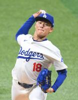　メジャー初登板初先発のドジャース・山本由伸＝韓国・高尺スカイドーム（撮影・伊藤笙子）