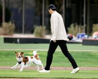 　愛犬デコピンと遊ぶ大谷（共同）