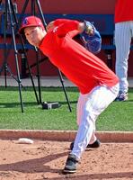 　ブルペンのマウンドを確認する青柳（共同）