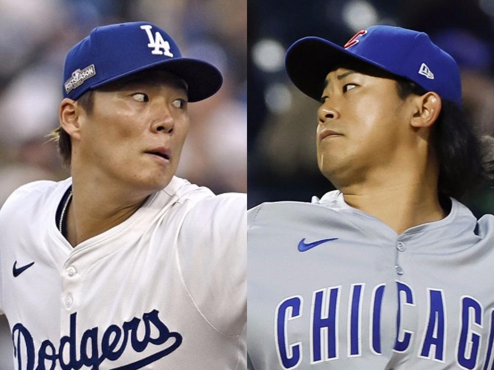 　日本で行われる今季開幕戦の先発投手を務めることが決まったドジャース・山本（左）とカブス・今永（提供：共同通信社）