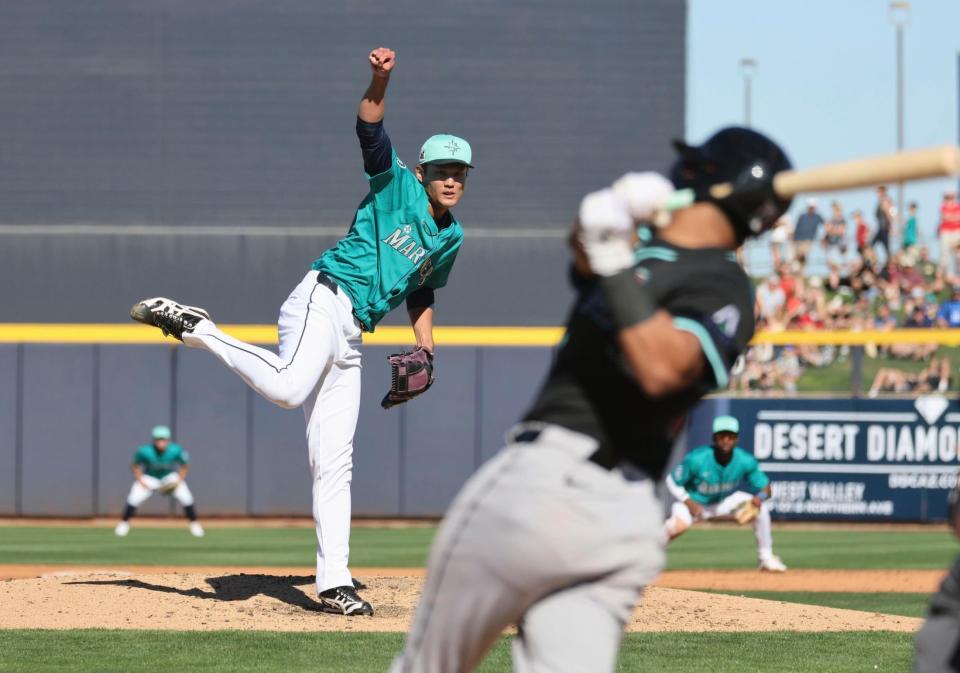 　５回に登板し、１回を無安打無失点だったマリナーズとマイナー契約の藤浪（共同）