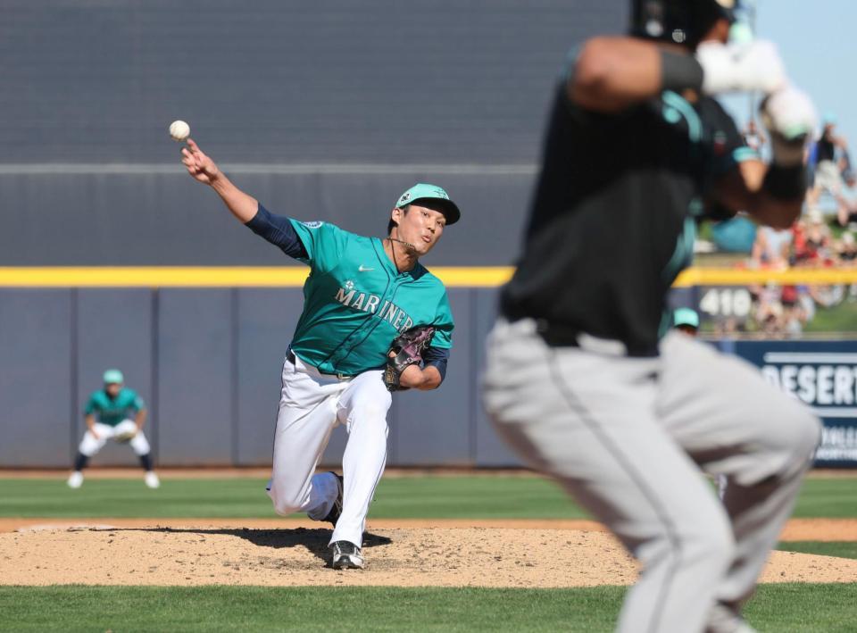 　５回に登板し、１回を無安打無失点だったマリナーズとマイナー契約の藤浪（共同）