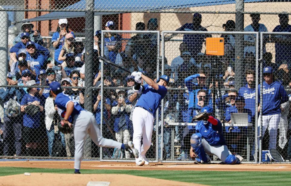 　実戦形式の打撃練習で安打性の当たりを放つドジャース・大谷（共同）