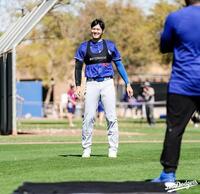 　特殊な計測装置をつけてトレーニングを行う大谷（ロサンゼルス・ドジャース提供）