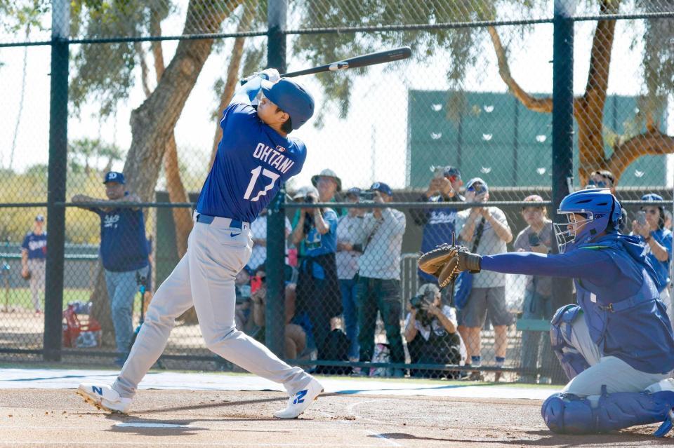 　実戦形式の打撃練習で本塁打を放つドジャース・大谷（共同）