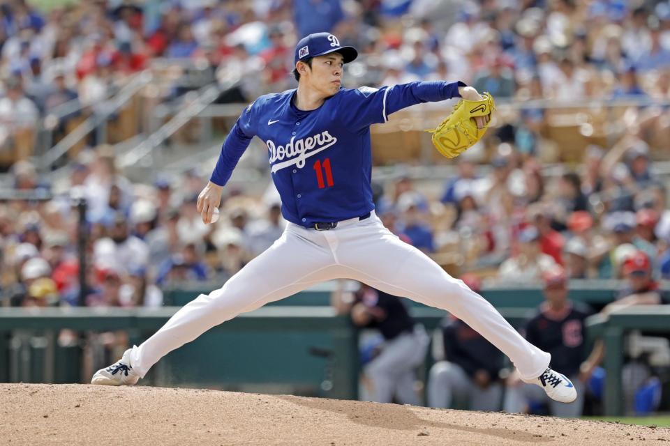 　ガーディアンズ戦でオープン戦に初先発し、４回１安打無失点だったドジャース・佐々木＝グレンデール（共同）