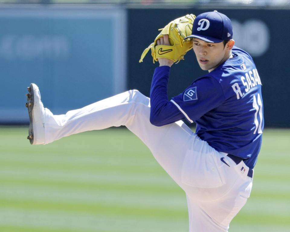 　ガーディアンズ戦でオープン戦に初先発し、４回１安打無失点と好投したドジャース・佐々木＝グレンデール（共同）