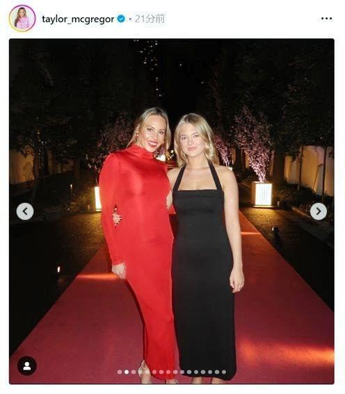 　赤いドレスに身を包んだテイラー・マクレガーさん（左）。自身のインスタグラム（ｔａｙｌｏｒ＿ｍｃｇｒｅｇｏｒ）より