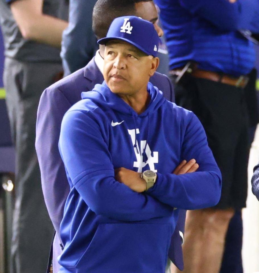 グラウンドを見つめるドジャースのデーブ・ロバーツ監督＝東京ドーム（撮影・吉澤敬太）