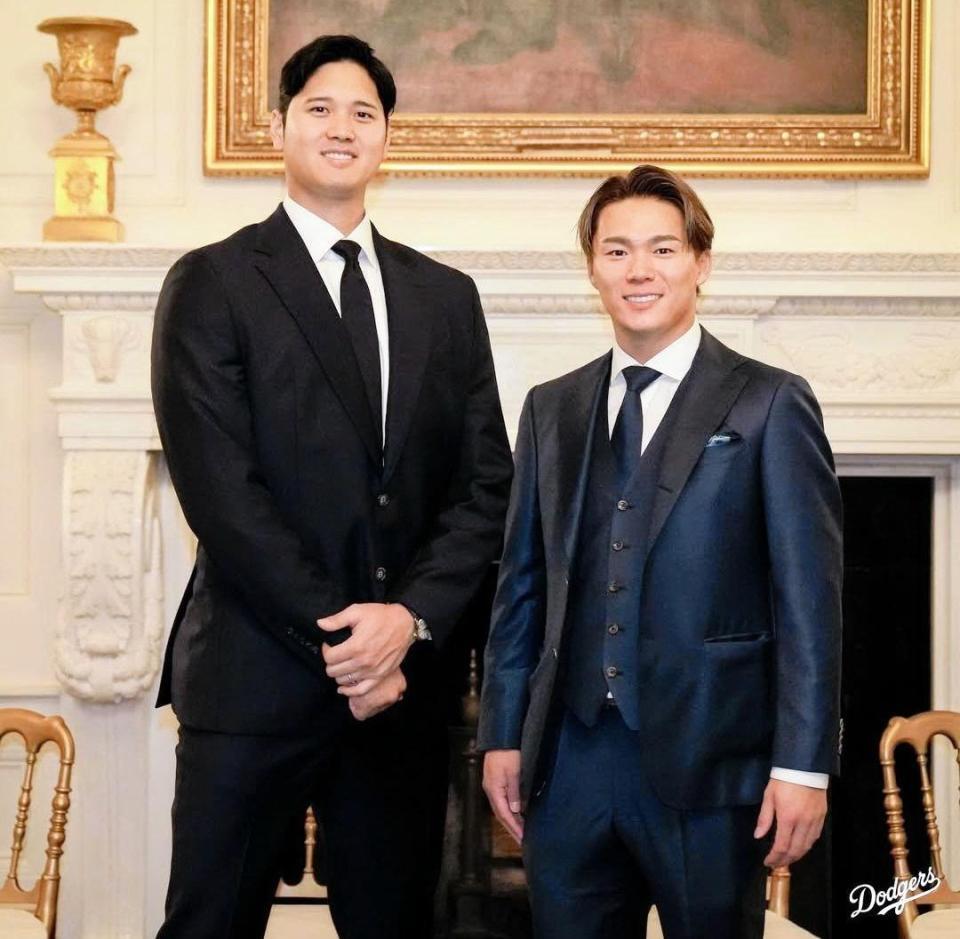 　ホワイトハウスを訪問した大谷と山本（ロサンゼルス・ドジャース提供）