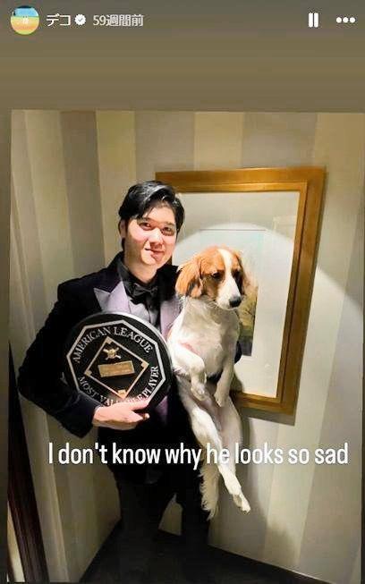 　大谷に抱っこされ悲しげな顔を浮かべるデコピン。大谷翔平のインスタグラム（ｓｈｏｈｅｉｏｈｔａｎｉ）より