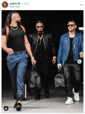 　遠征へ向かう（左から）タティス、アラエズ、イグレシアス。パドレスのインスタグラム（ｐａｄｒｅｓ）より