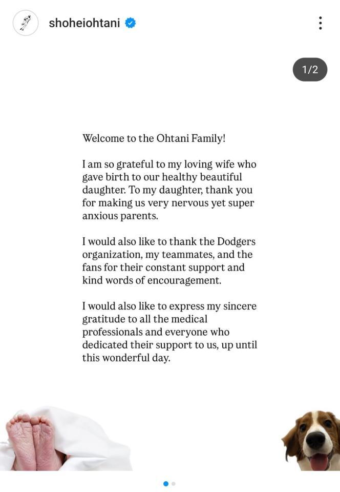 　大谷翔平のインスタグラム（＠ｓｈｏｈｅｉｏｈｔａｎｉ）より