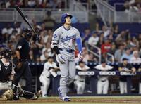 　マーリンズ戦の６回、10号ソロを放った大谷（共同）