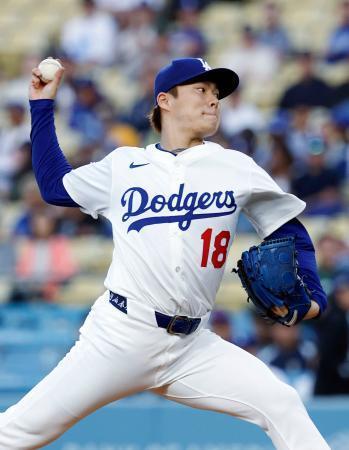 　アスレチックス戦に先発したドジャース・山本＝ロサンゼルス（共同）