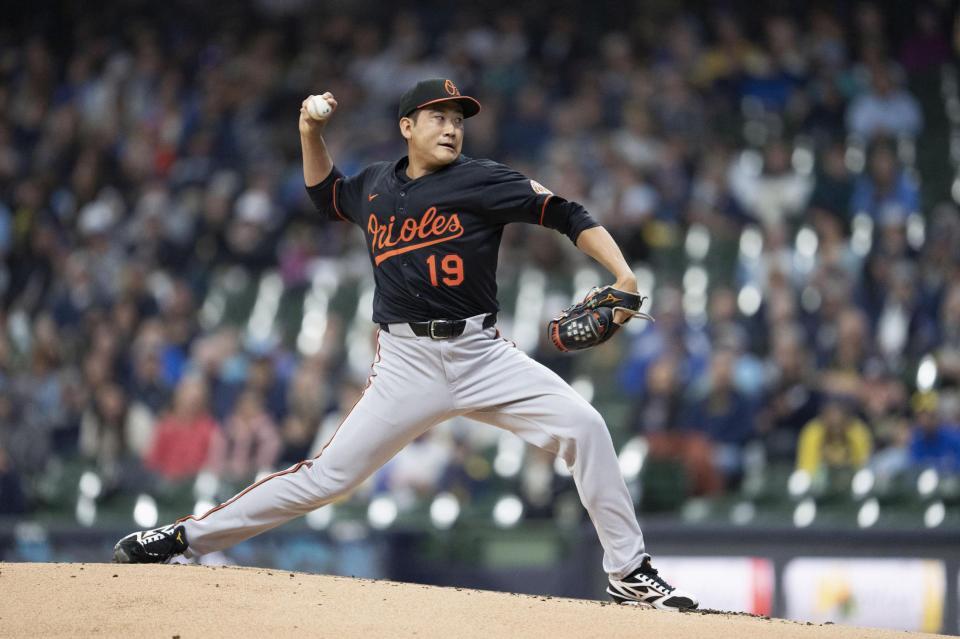 　ブルワーズ戦に先発したオリオールズ・菅野。６回２失点で勝敗は付かなかった（ゲッティ＝共同）