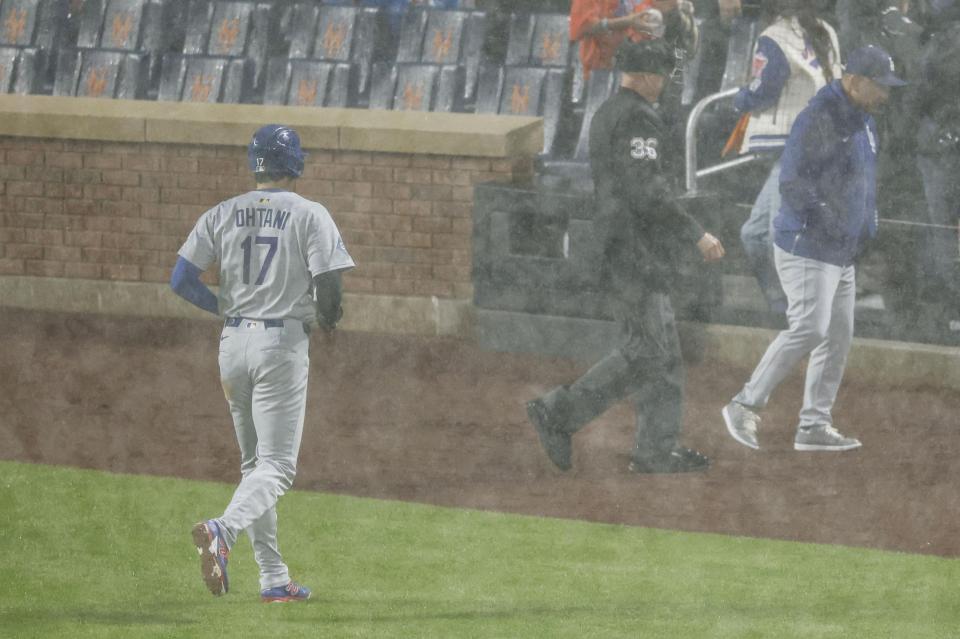 　３回途中、降雨により試合が中断し、ベンチに戻る大谷（１７）＝共同