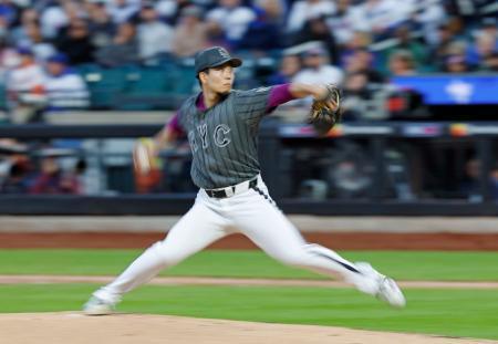 　ドジャース戦に先発したメッツ・千賀＝ニューヨーク（スローシャッターで撮影・共同）