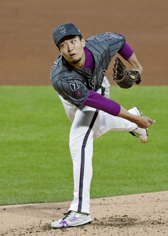 　ドジャース戦に先発し、５回１／３を１失点で５勝目を挙げたメッツ・千賀（共同）