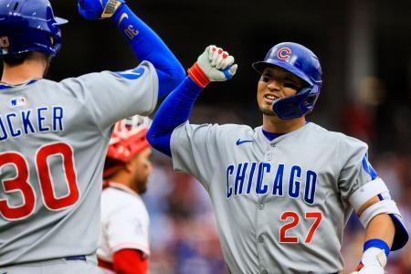 　カブスの鈴木誠也外野手＝２５日、シンシナティ（Ｉｍａｇｎ　Ｉｍａｇｅｓ・ロイター＝共同）