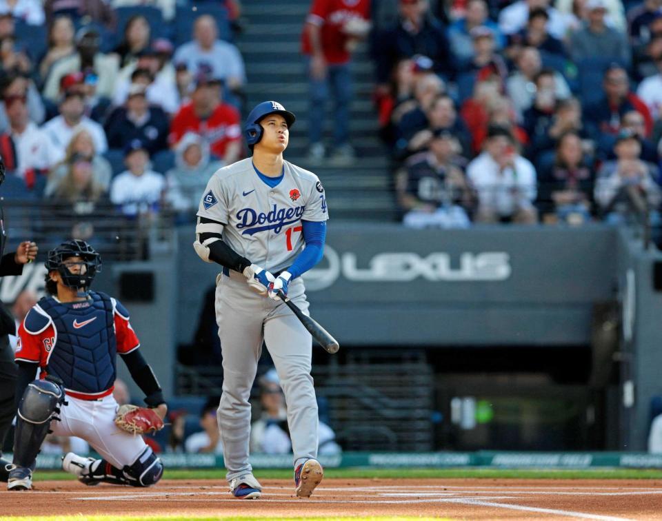 　１回、２試合連続の先頭打者本塁打を放つドジャース・大谷（共同）