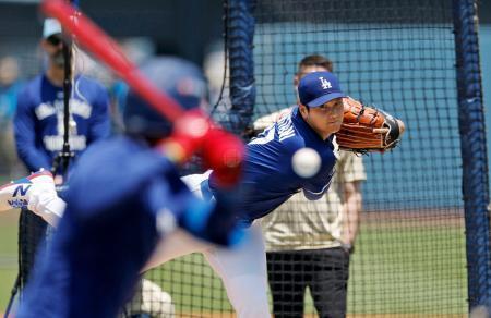 　実戦形式の練習に登板したドジャース・大谷＝ロサンゼルス（共同）