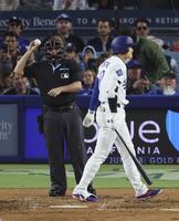 　メッツ戦の５回、見逃し三振に倒れたドジャース・大谷（共同）