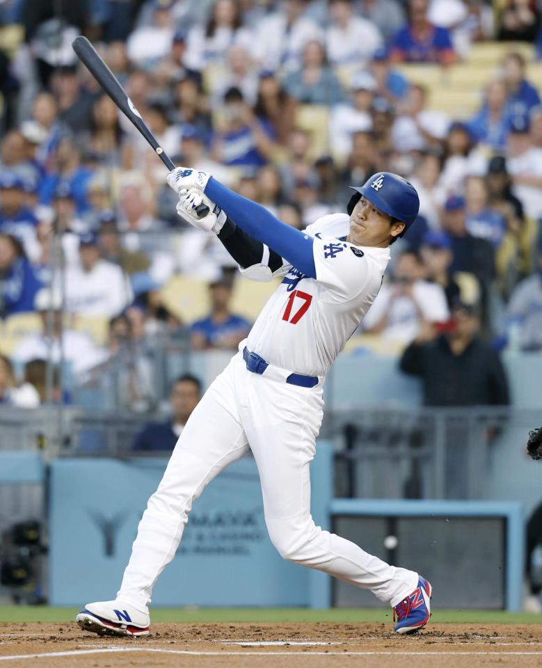 　メッツ戦の１回、中飛に倒れるドジャース・大谷（共同）