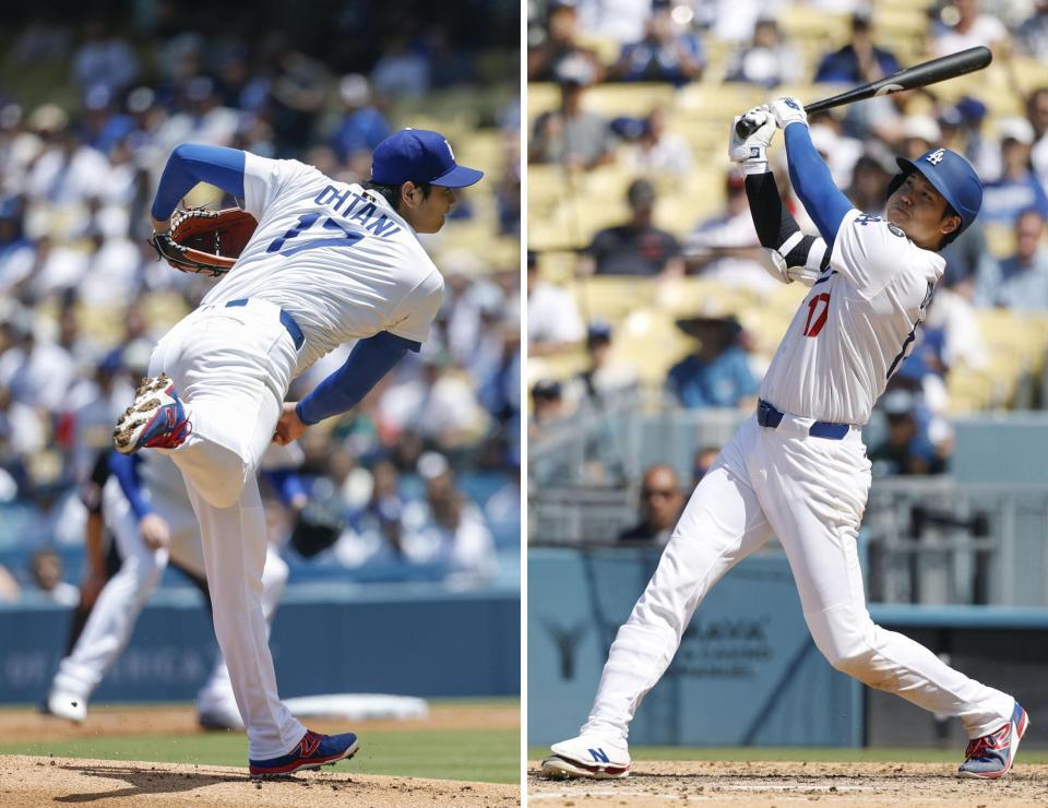 　ナショナルズ戦に投手として先発で１回を投げ、無安打無失点に封じた大谷。８回には26号２ランを放つ（右）など投打で活躍した（共同）