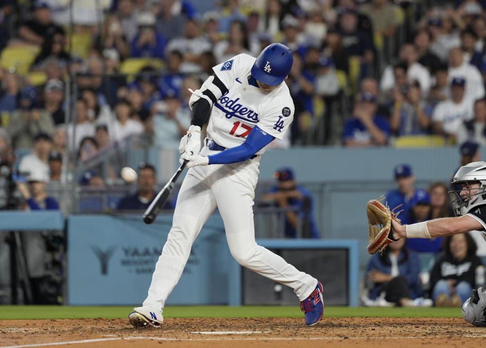 　米大リーグ、ホワイトソックス戦の４回、３０号ソロを放ち、５年連続で30本塁打に到達したドジャース・大谷翔平（共同）