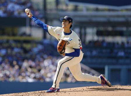 　アストロズ戦に先発登板したドジャース・大谷。２回を投げて１安打無失点、３奪三振だった＝ロサンゼルス（共同）