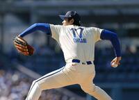 　アストロズ戦に先発登板したドジャース・大谷。２回を投げて１安打無失点、３奪三振だった＝ロサンゼルス（共同）