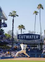 　アストロズ戦に先発登板したドジャース・大谷。２回を投げて１安打無失点、３奪三振だった＝ロサンゼルス（共同）