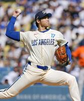 　アストロズ戦に先発登板したドジャース・大谷。２回を投げて１安打無失点、３奪三振だった＝ロサンゼルス（共同）