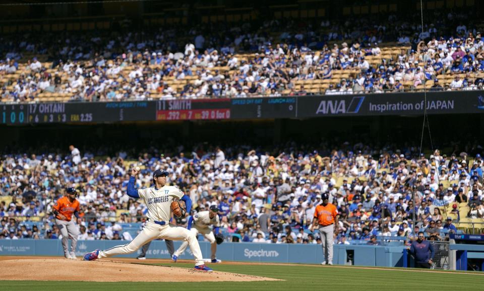 　アストロズ戦に先発登板したドジャース・大谷＝ロサンゼルス（共同）