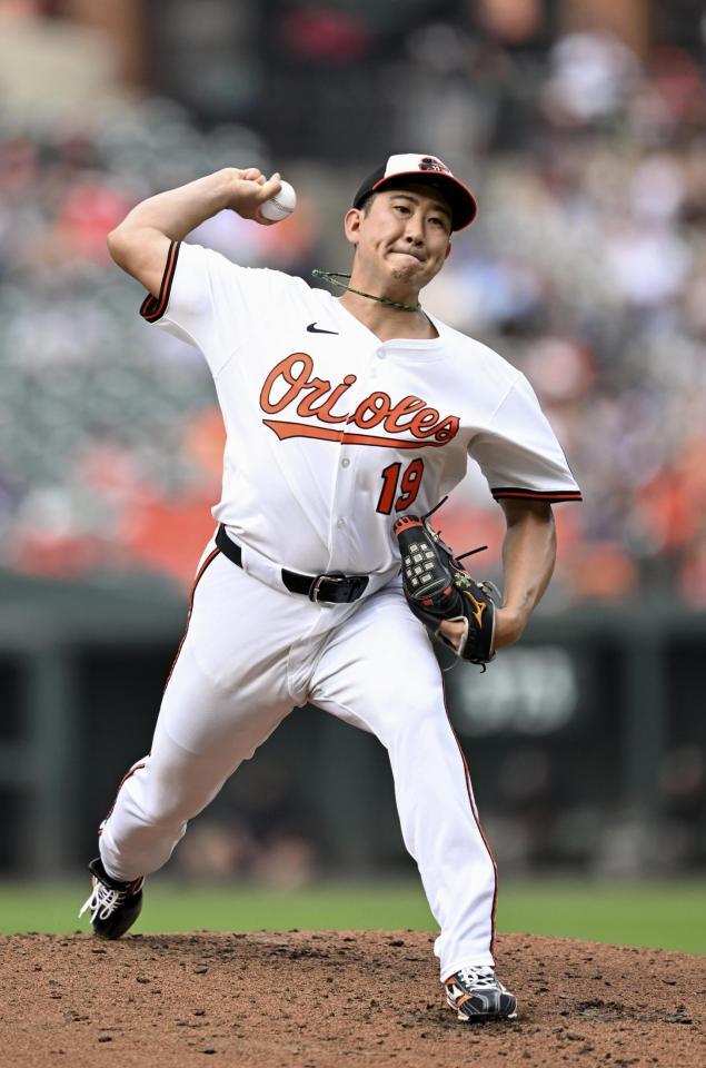 　メッツ戦に先発したオリオールズ・菅野。６回３失点で７勝目を挙げた（ゲッティ＝共同）