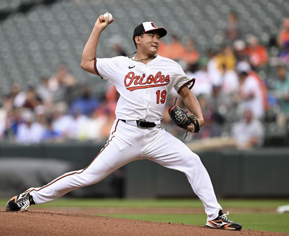 　メッツ戦に先発したオリオールズ・菅野。６回３失点で７勝目を挙げた（ゲッティ＝共同）