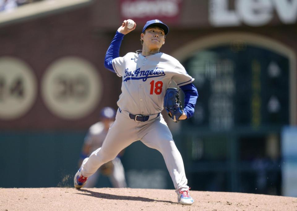 　ジャイアンツ戦に先発したドジャース・山本（共同）