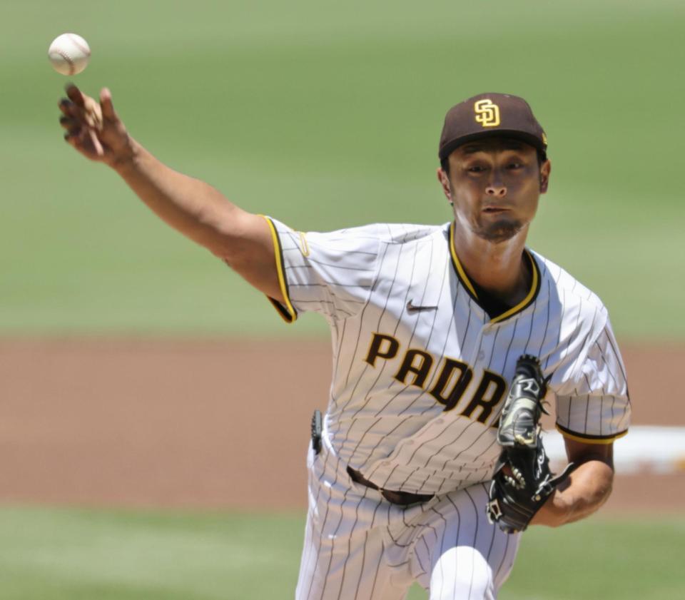 　先発したパドレスのダルビッシュ。７回２安打無失点で今季初勝利を挙げ、日本選手歴代最多となる日米通算２０４勝目を飾った（共同）