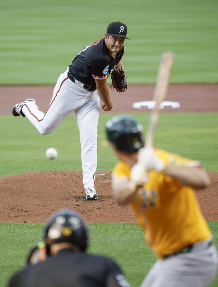 　アスレチックス戦に先発した菅野（共同）