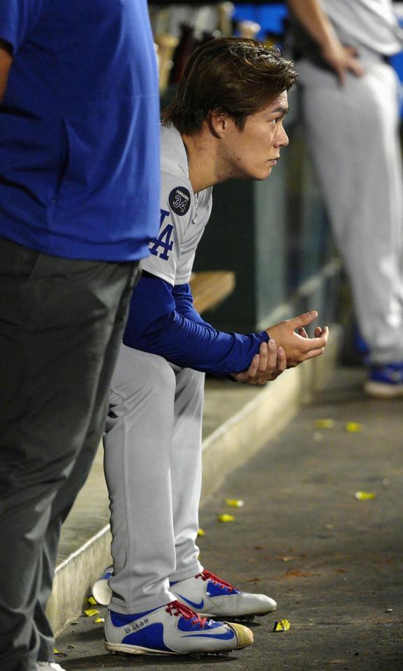 　５回、降板しベンチに座る山本（共同）